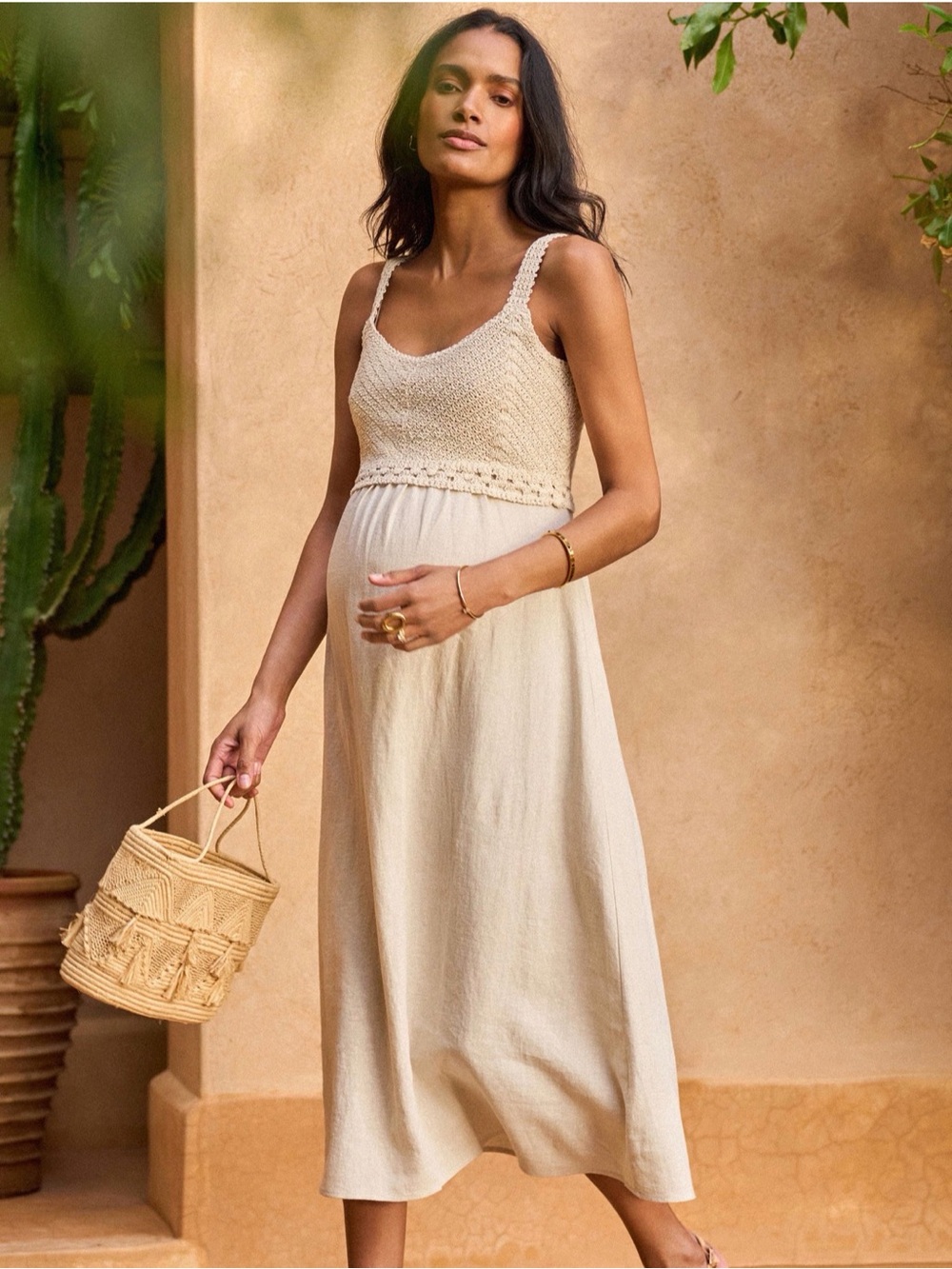 Seraphine Maternity Cream Knit-Top Midi Dress